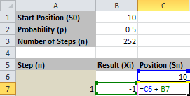 Công thức Excel tính vị trí hiện tại cho Random Walk